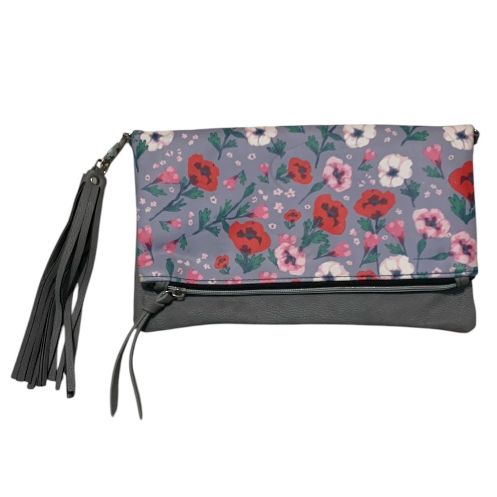 Women's Gray Floral Zippered Flap Magnet Closure Frayed Charm Clutch Bag